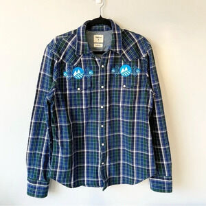 Gap Slim Fit Western  Blue Green Plaid Shacket